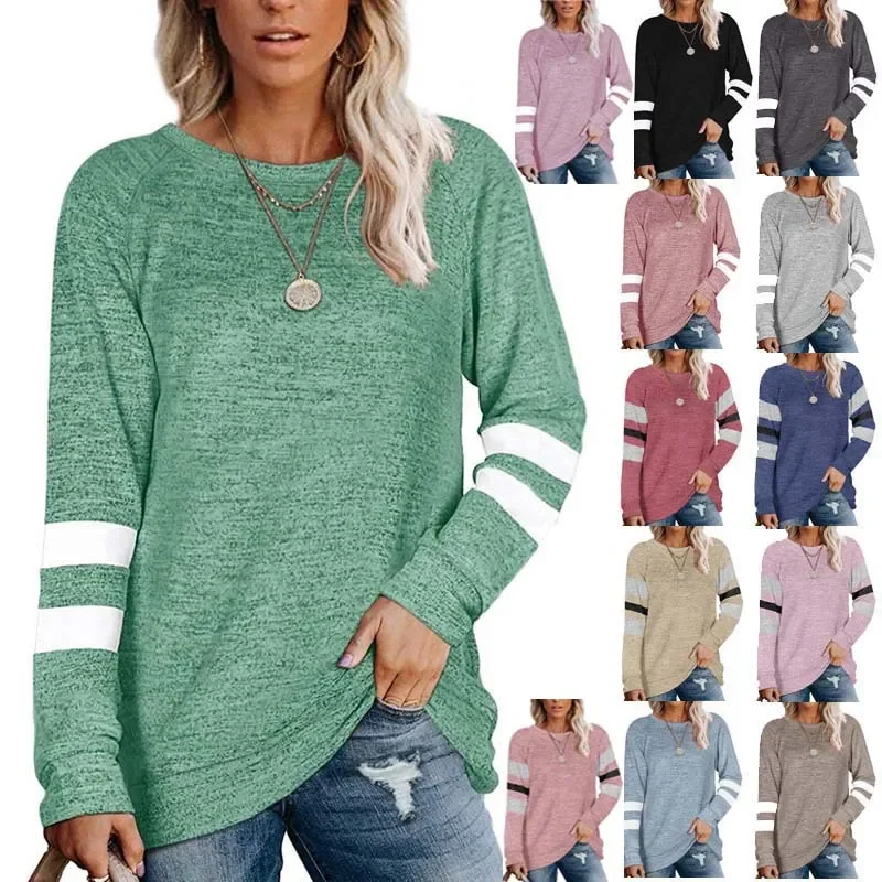 Europe and the United States women's long sleeve patchwork round neck casual printed T-shirt top