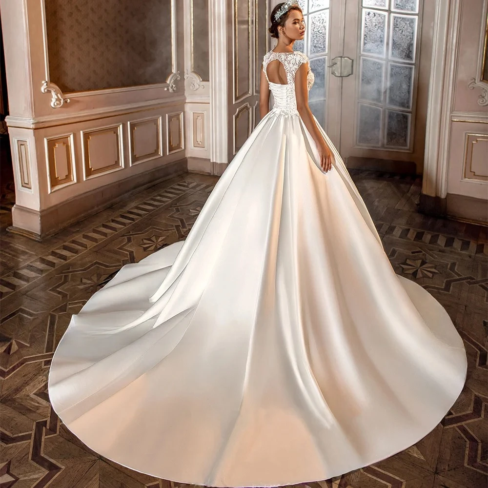 Luxury Wedding Dress Customized Cap Sleeve Sweetheart Corset Bridal Gown Satin Sweep Train Ball Bride Dresses Robe De Mariee