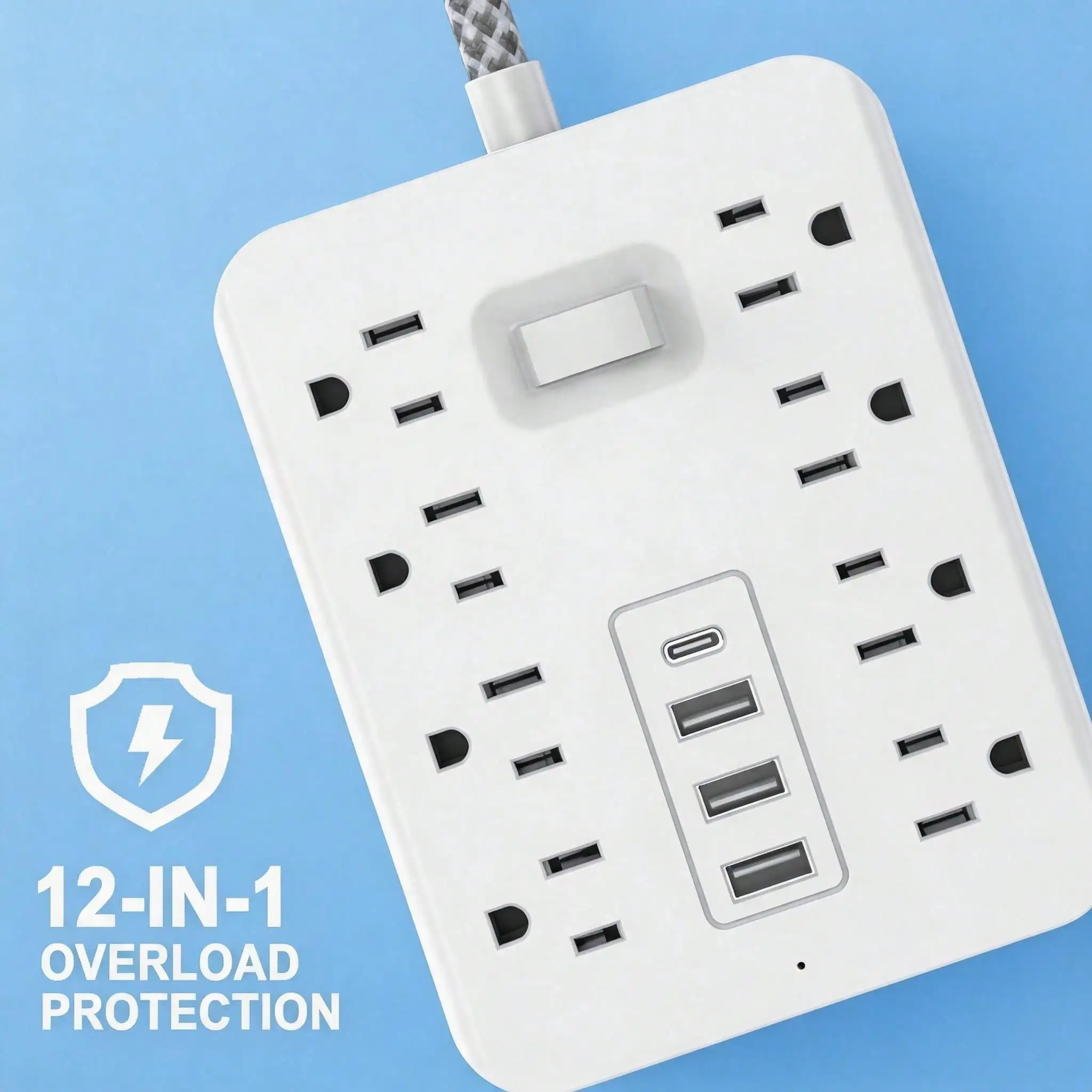12-in-1 Surge Protector Power Strip with 8AC Outlets,4USB (1 Type-C Ports) | 5FT Compact Multi-Plug Braided Outlet Extender