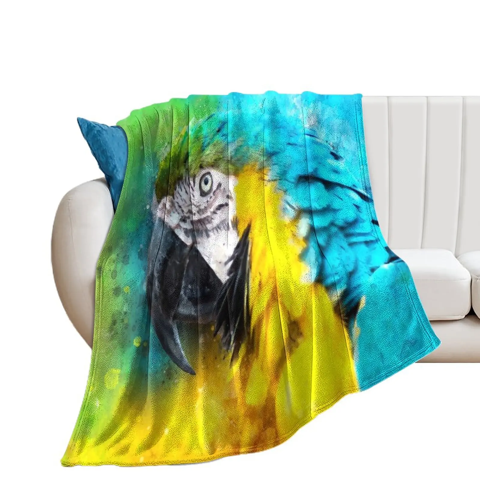 Dramabite Watercolour blue yellow macaw parrot Throw Blanket Quilt Decorative Beds Soft Blankets