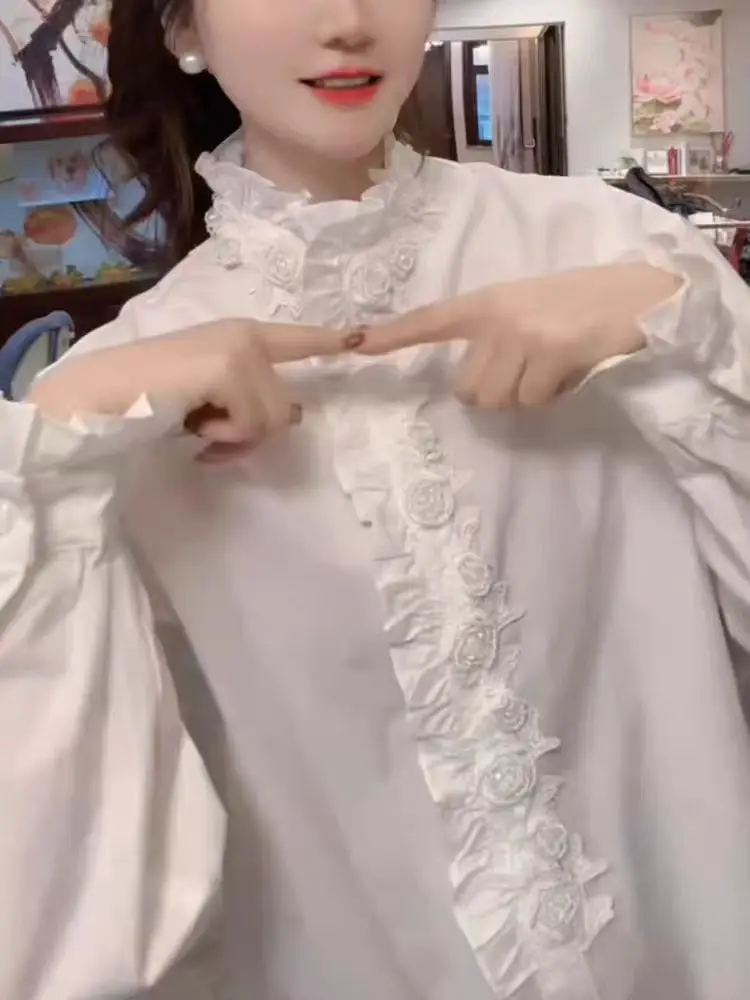 Luxus Perlen Perlen Baumwolle Lose Beiläufige Weiße Hemden Blusen Frauen 2025, Trend Langarm Einreiher Tops Frau Kleidung