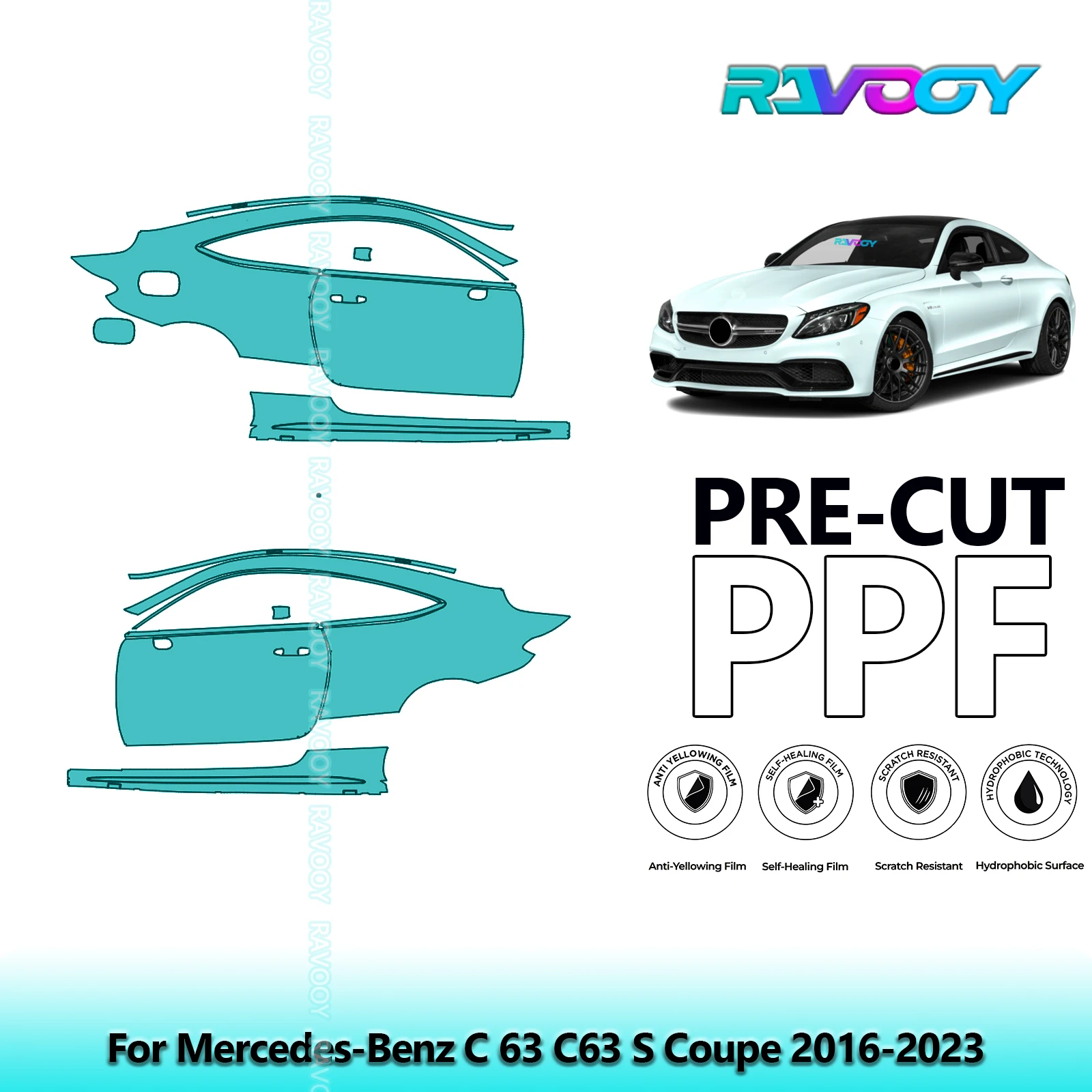 

For Mercedes-Benz C 63 C63 S Coupe 2016-2023 8.5mil Clear Matte Pre-Cut PPF Door & A/B Pillar Kit TPU Paint Protection Film Set