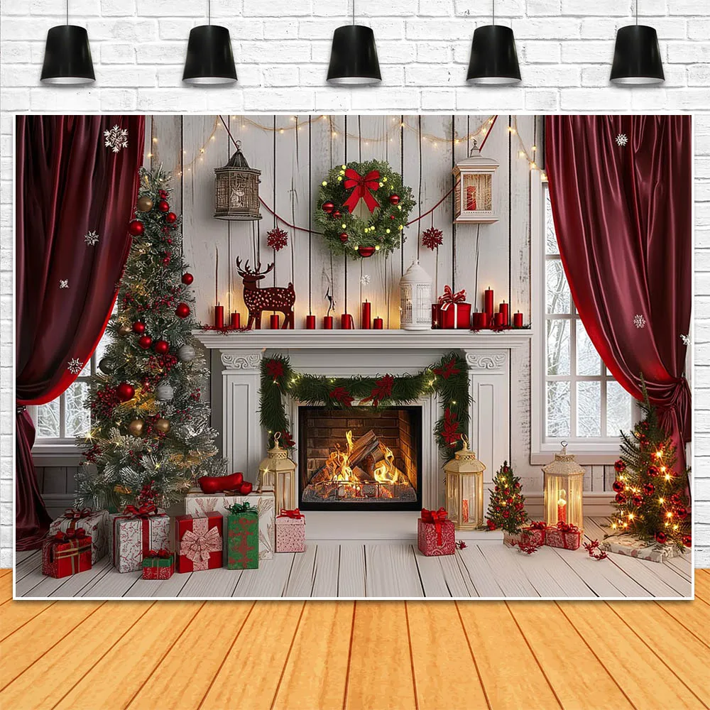 Mocsicka Christmas Backdrops for Photography Window Fireplace Xmas Tree Wreath White Floor Family Portrait Background Photoshoot