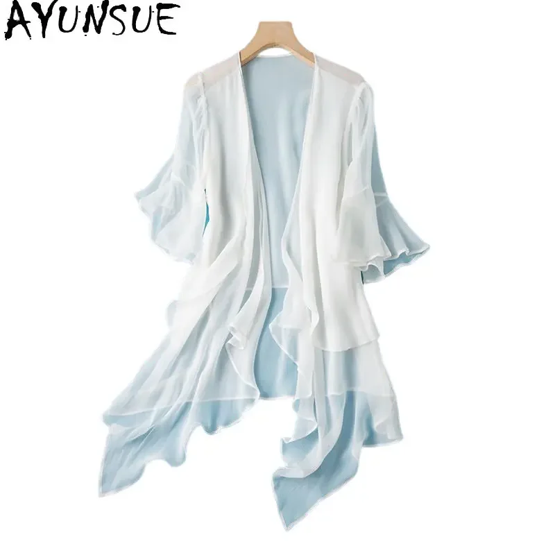 95% Mulberry Silk White Pleated Coat Women's Clothing Fake Two Pieces Of Sunscreen Clothing Cover Up Beach Women Пляжная Одежда