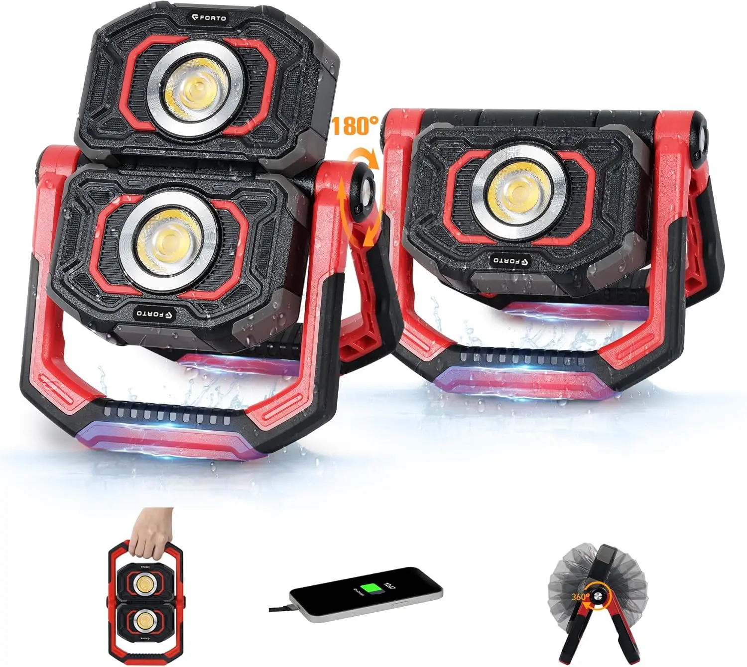 

Перезаряжаемый магнитный рабочий фонарь, комплект из 2 штук — двойной луч, 360° ° Вращающийся с подставками, маслостойкий для ремонта гаража и автомобилей.