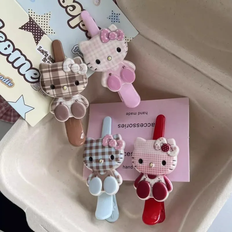 Cartoon Sanrio Hello Kitty Lattice Hair Clip Anime Cute Japanese Style Sweet Girl Bangs Side Clip Plastic Hair Decora Girl Gift