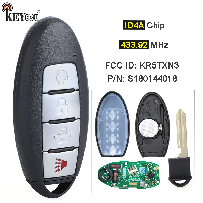 KEYECU 434MHz PCF7953M 4A Chip S180144503 Keyless-go Smart Remote Key Fob 4 Button for Nissan Kicks Rogue 2018 2019 2020 2021