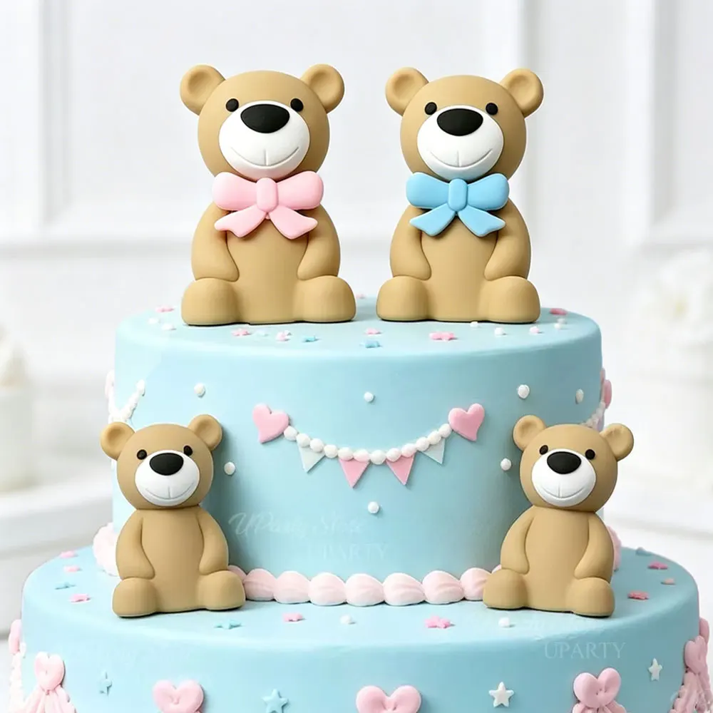 1pc Cute Bear Cake Decorations Blue Pink Bow Brown 3D Bear Cupcake Cake Topper for Birthday Baby Shower Gender Reveal Cake Decor