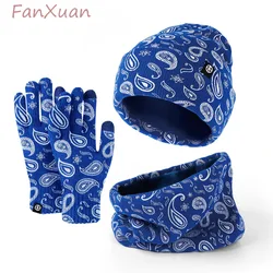 Paisley Print 3pcs Winter Hat Snood Gloves Sets for Men and Women Thick Plush Lining Scarf Beanies Winter Cap Set Unisex