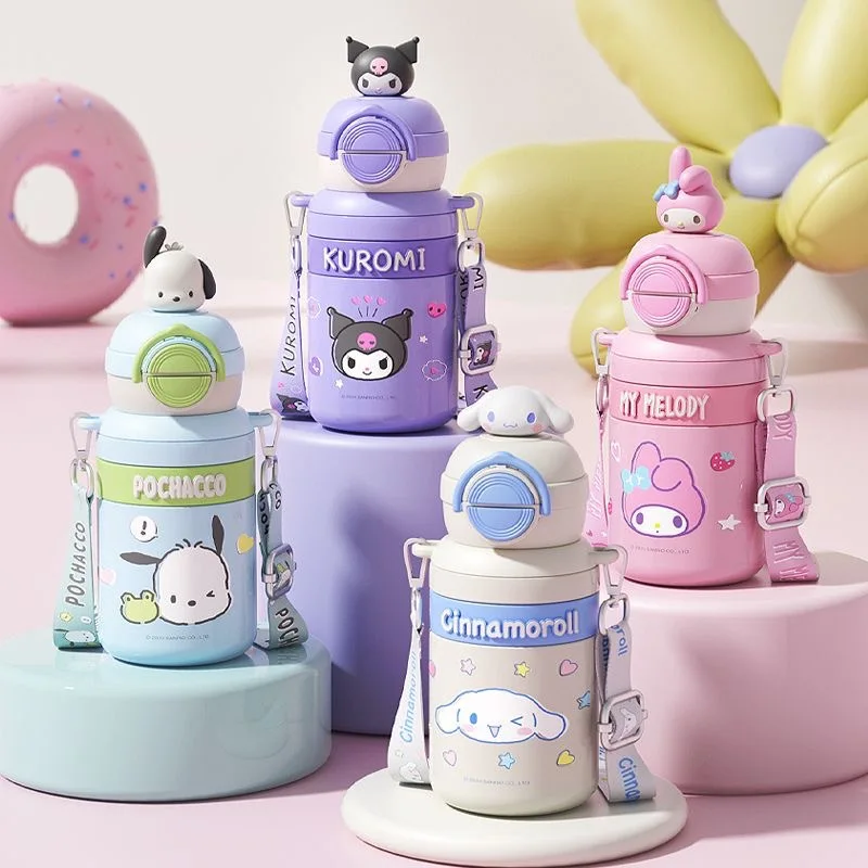 

550 мл термос Sanrio, бутылка для холодной воды, большая емкость с силиконовой соломой, чашка из нержавеющей стали 316, праздничный подарок для детей