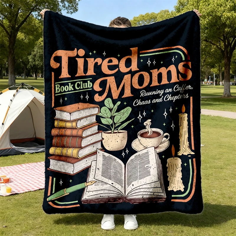 Tired Moms Book Club Flannel Blanket, Retro Coffee Chaos Chapters Flannel Throw, Book Lover Gift, Reader Cozy Blanket