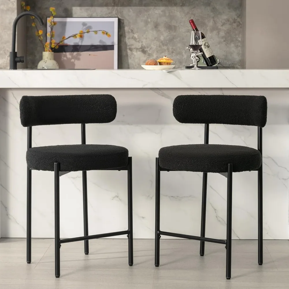 24'' Boucle Counter Stools Set of 3, Black Bar Stools with Backs, Counter Height Bar Stools for Kitchen Island/Kitchen Counter,