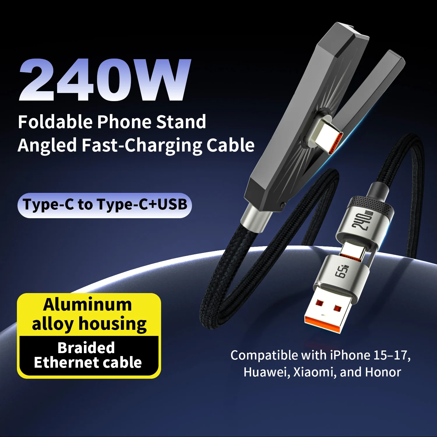 Cabo de Carregamento Rápido 2 em 1 USB + Tipo C 240W com Suporte Dobrável, Linha de Carregamento Rápido Tipo-C, Suporte para Celular USB