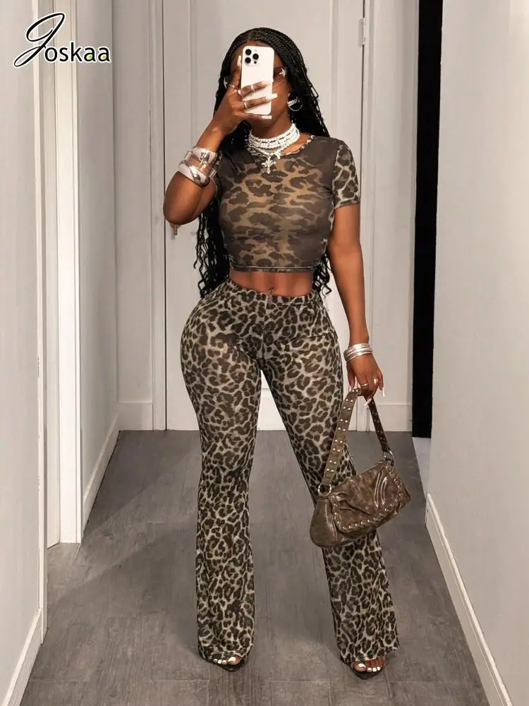 

Joskaa 2025 Women's Leopard Print Two Piece Set Sexy O-Neck Short Sleeve Crop T-Shirt + Pants Matching Tracksuits Y2K Streetwear