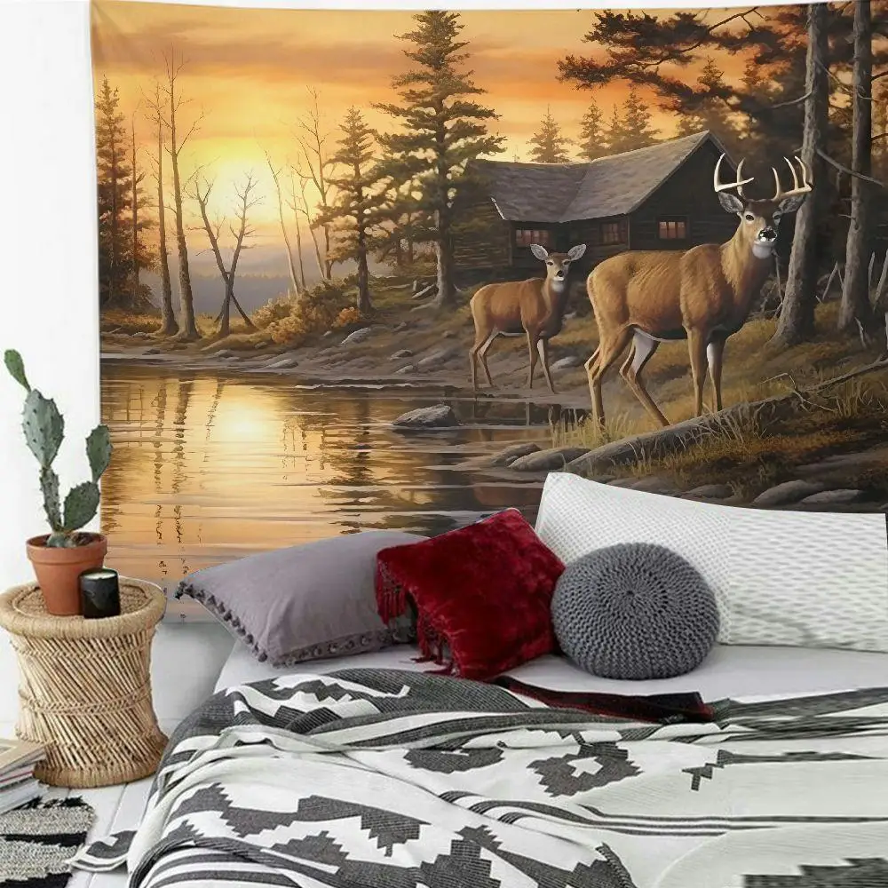 1pc Rustic Deer and Forest Scenery Tapestry - Polyester Woven Wall Hanging for Bedroom and Living Room Decor, No Electricity Nee
