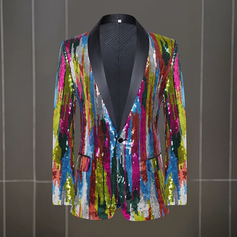 Men's Suit Coat Colorful Sequins Performance Host Singer Dress Stage Performance Nightclub Bar Fashion Set (Jacket)