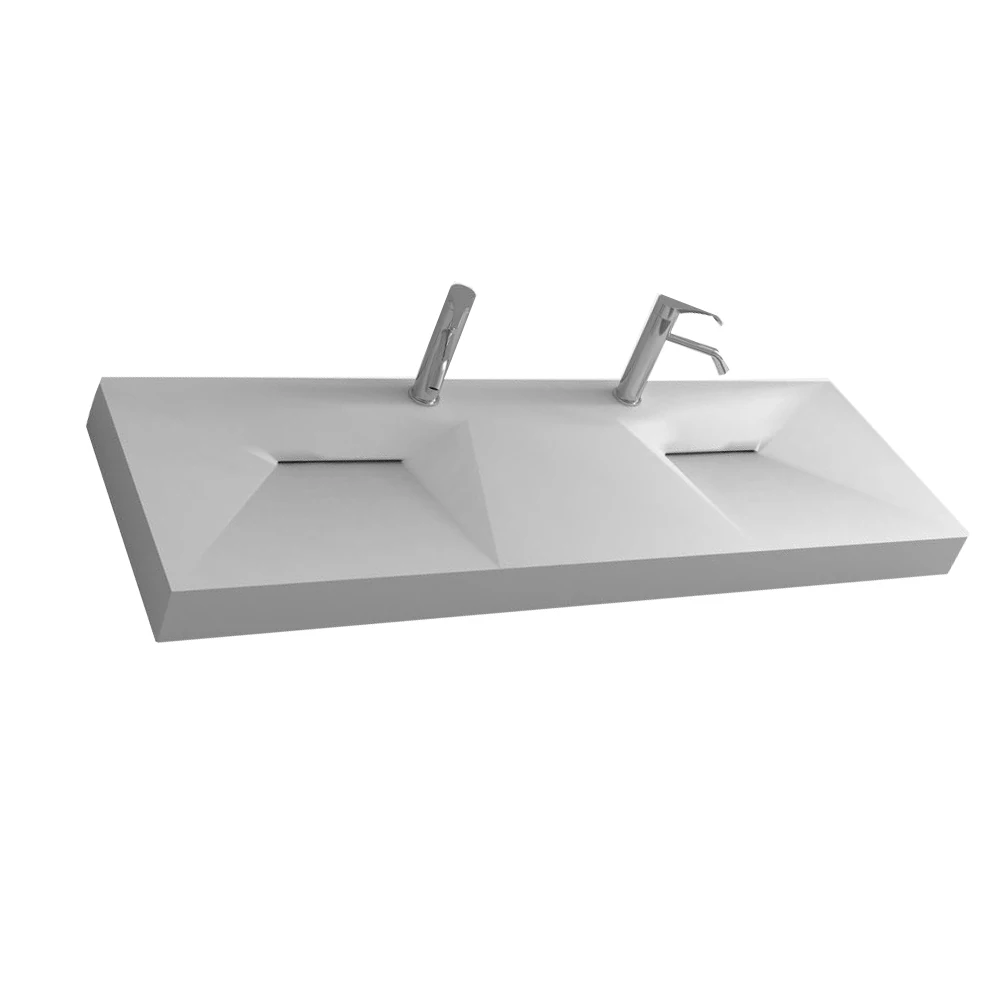 Bathroom Rectangular Wall Hung Vessel Sink Matt Solid Surface Stone Double Wash Basins Hidden Style Drain RS38429A