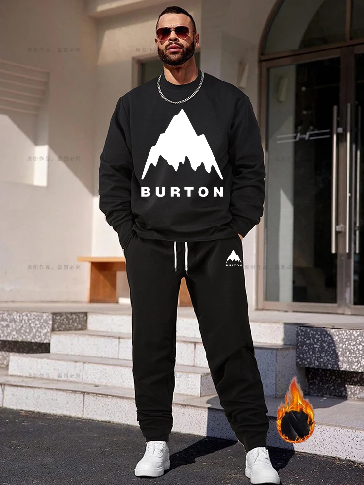 Burton 100% Cotton Men's Black Crew Neck Sweater Set Mountain Print Fleece Loose Plus Street Hoodie Two-piece Set