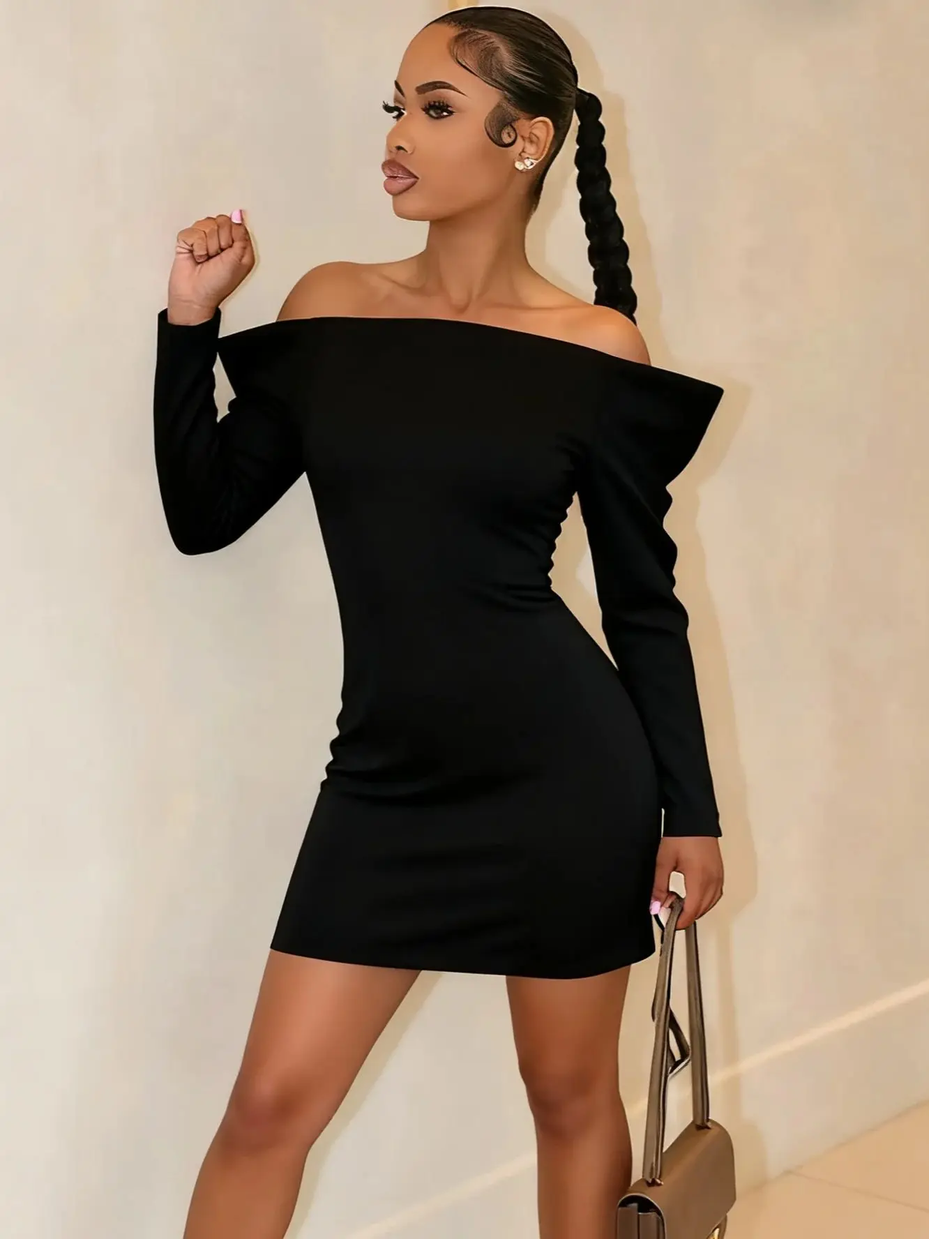 シスターリンダ クラシック スラッシュネックドレス レディース プリーツ ジッパー ソリッド セクシー フルスリーブ スキニー ミッドナイト シンプル プロム パーティー ホッティー ボディコン