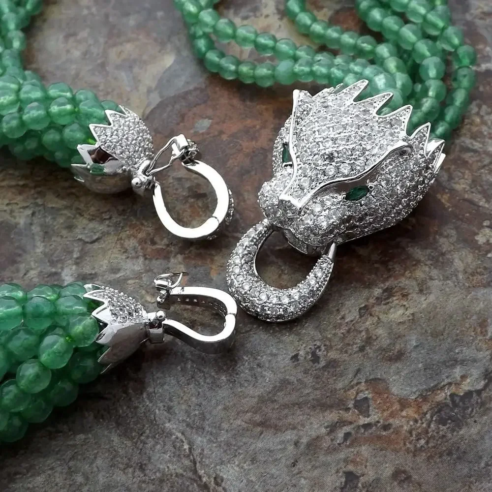 8Strands white freshwater pearl green jade necklace micro inlay zircon accessories leopard head Clasp Tassel pendant