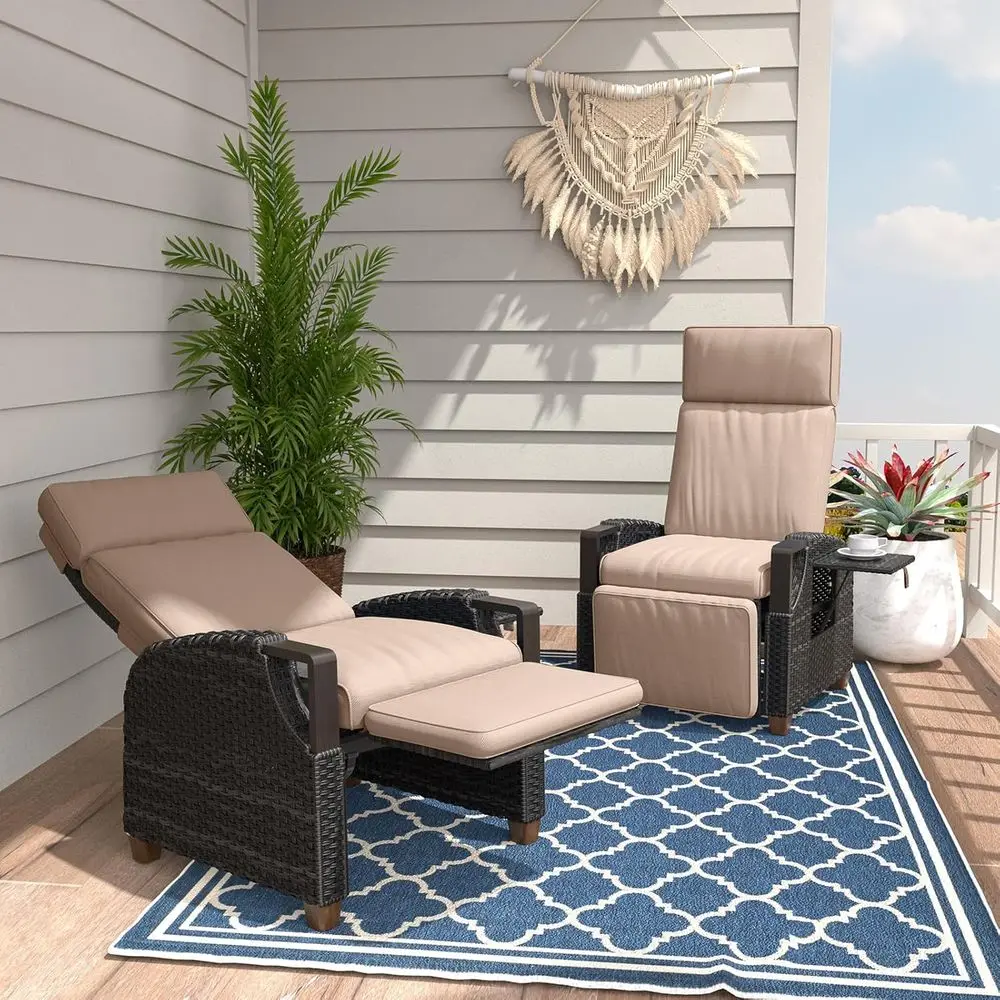 

150 ° Уличное кресло с откидной спинкой и регулируемой спинкой, съемной подушкой и приставной столиком — бежевый плетеный набор из 2 шт.