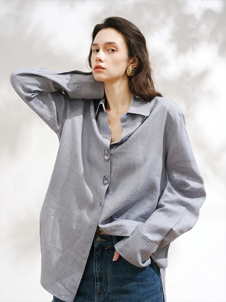 

Loose Long Sve Women's Cotton Lin irt OWNSONG Island Breeze Light Blue Lazy Sle Button up Top Comfortable Breathable