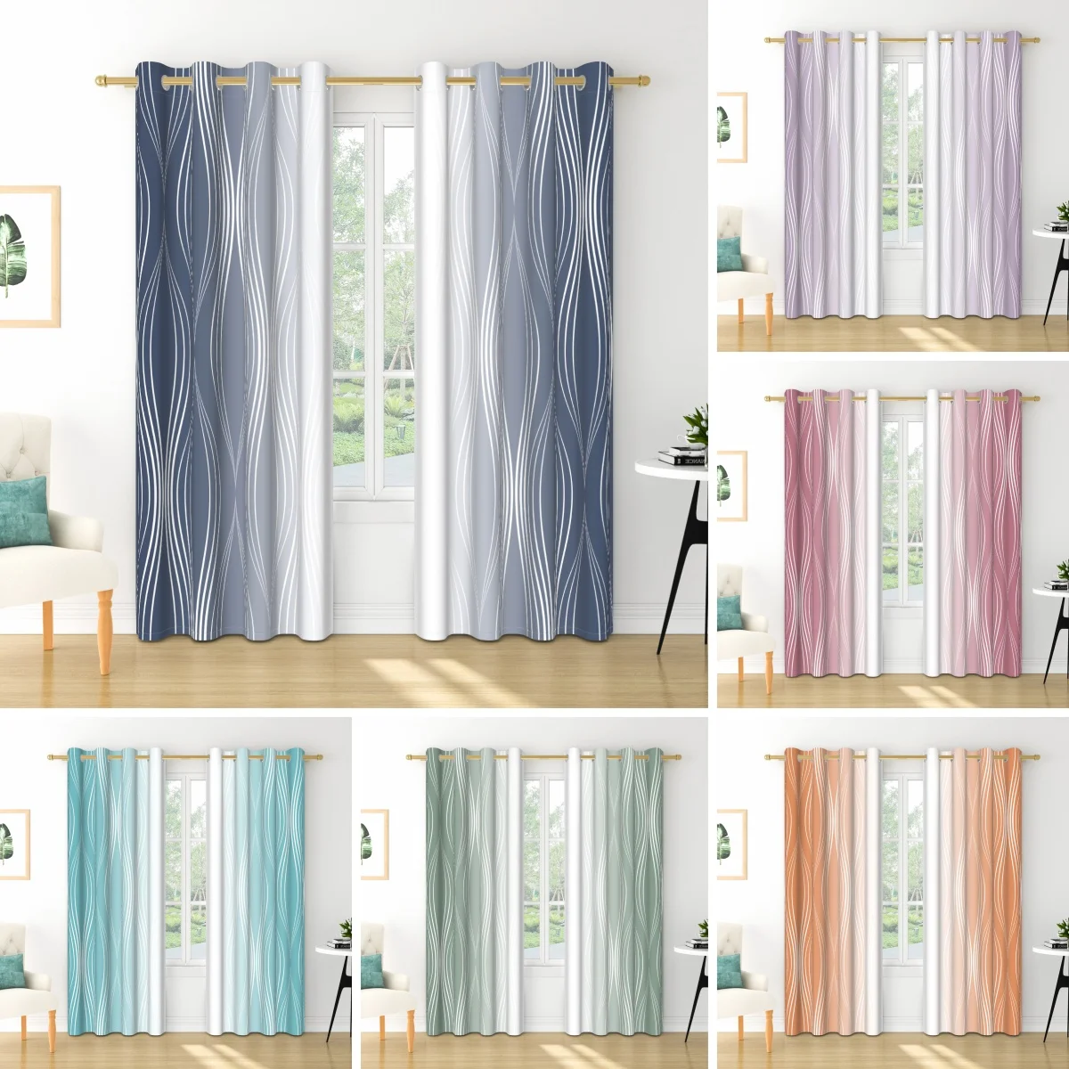 2pieces Modern Gradient Curtains Color Wave Design Color Gradient Polyester the Suitable Minimalist Bedroom Living Room Curtains