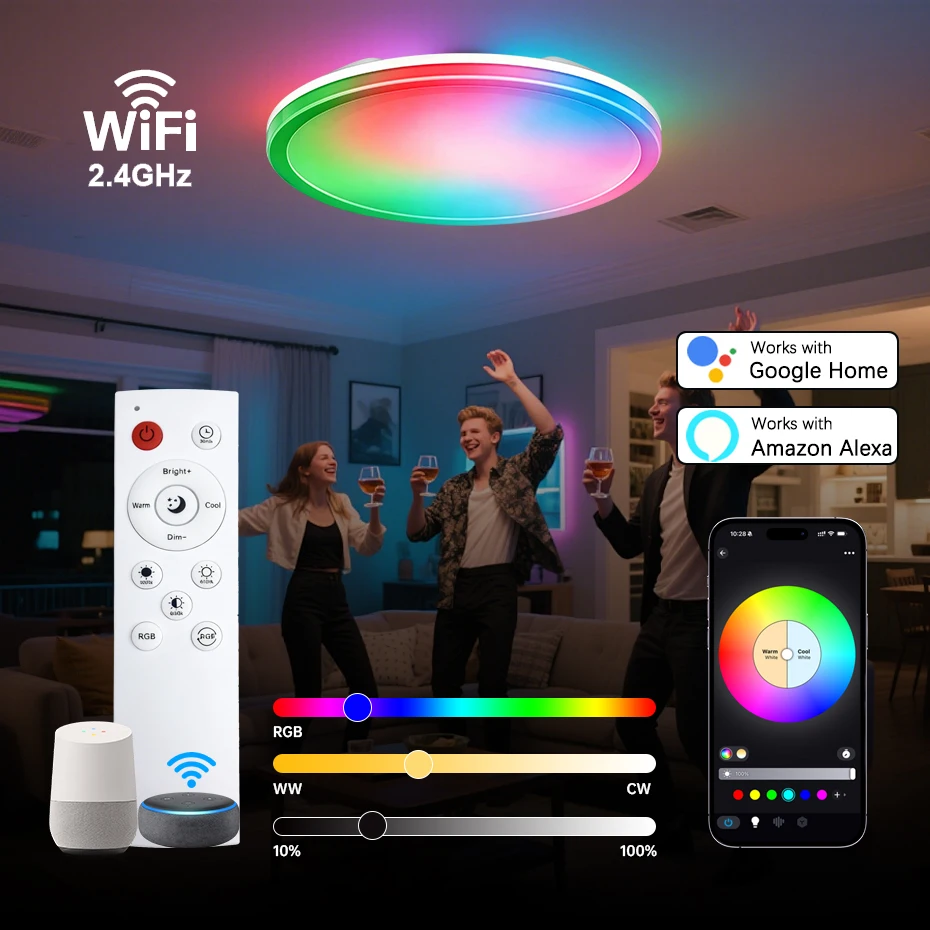 

Потолочный светильник RGB LED с управлением через приложение и голосом, круглые потолочные светильники AC110V AC220V, умное освещение с регулировкой цветовой температуры (CCT) и диммированием, совместим с Alexa и Google Home