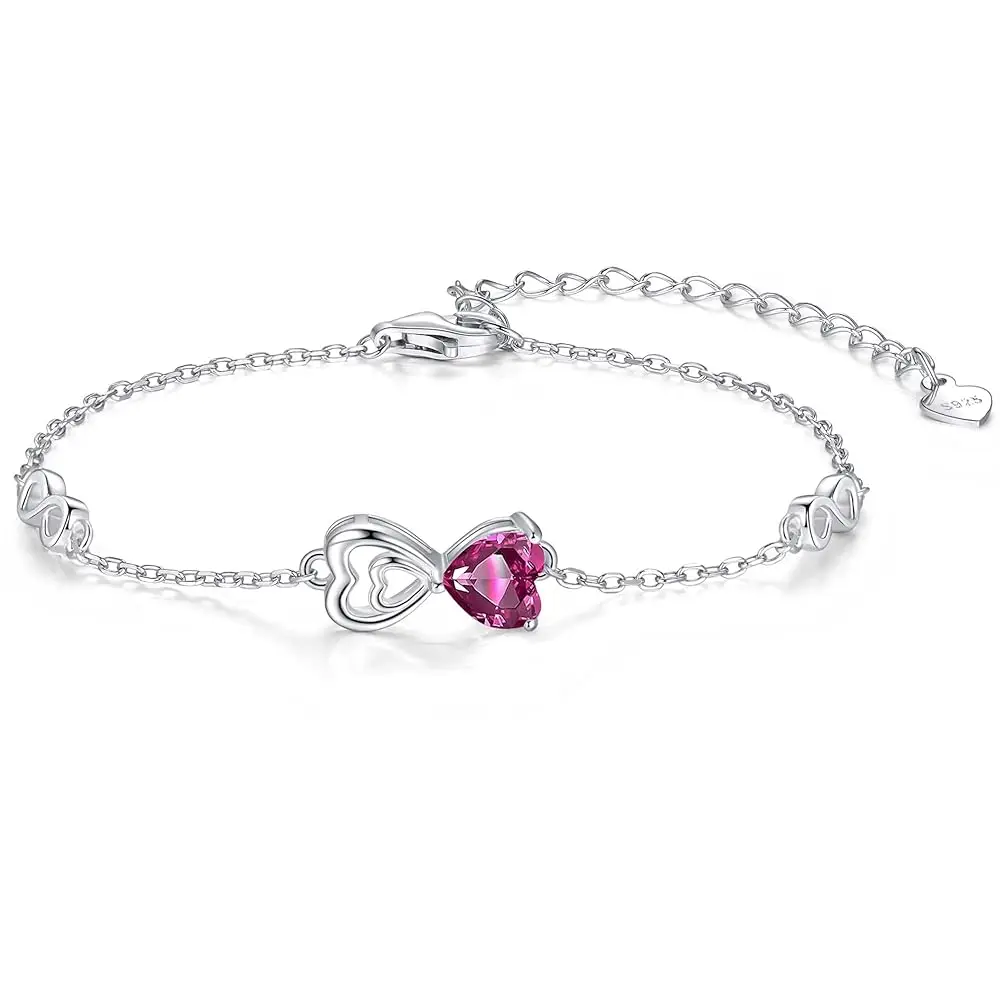 Pulsera de Plata de Ley 925 con Piedra de Nacimiento para Mujer - Bonitas Pulseras Ajustables con Dijes de Corazón e Infinito para Madre, Hija, Hermana