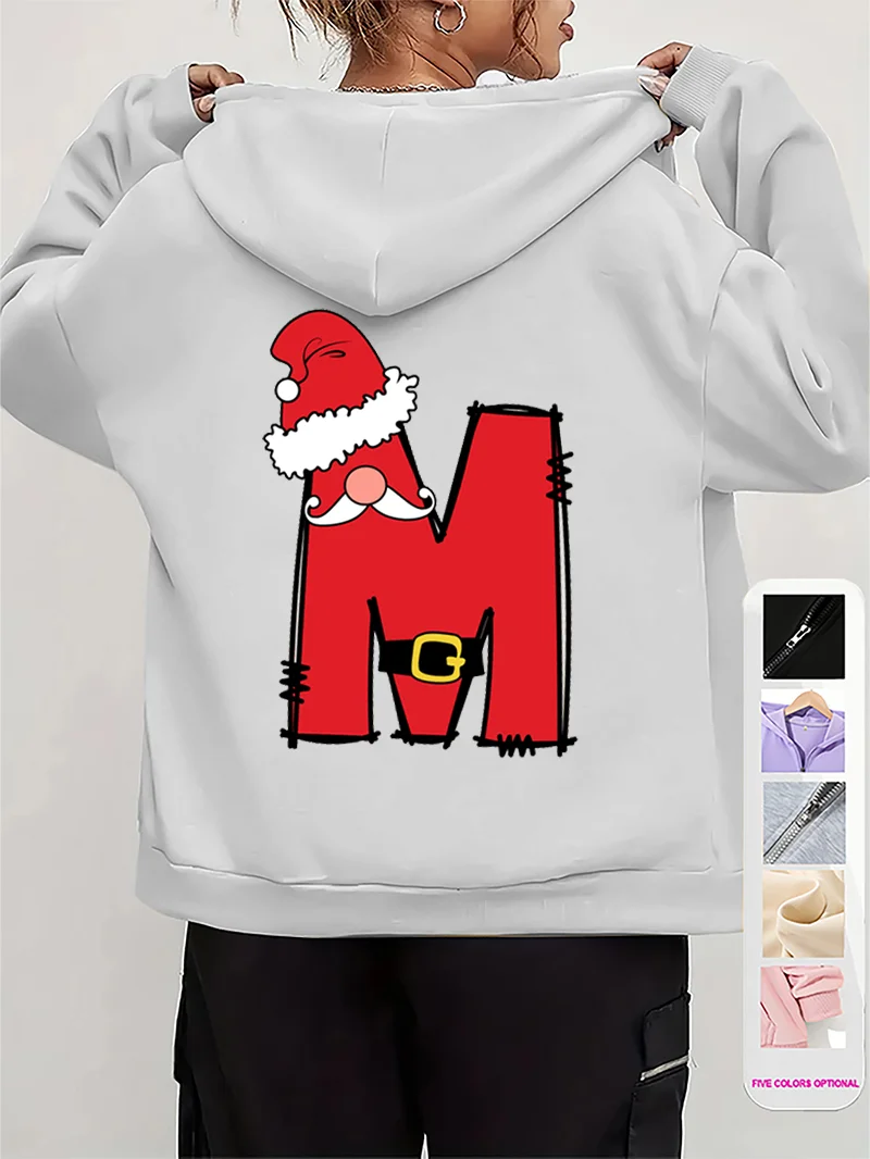 

New Women Zipper Cardigan Hooded Sweatshirt Christmas Santa Alphabet Print Outfits Fashion Casual Fleece Clothes Lady Sport Coat