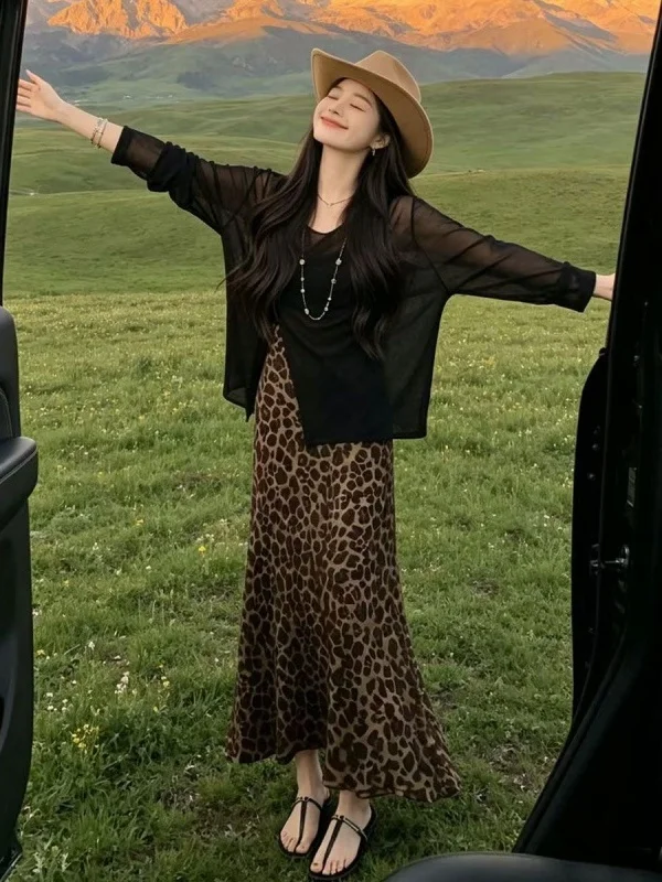 

Fashionable Leopard Print Split Midi Skirt And Top Set Women's Summer New Style Two-Piece Suit Design Sense Slimming Cover up