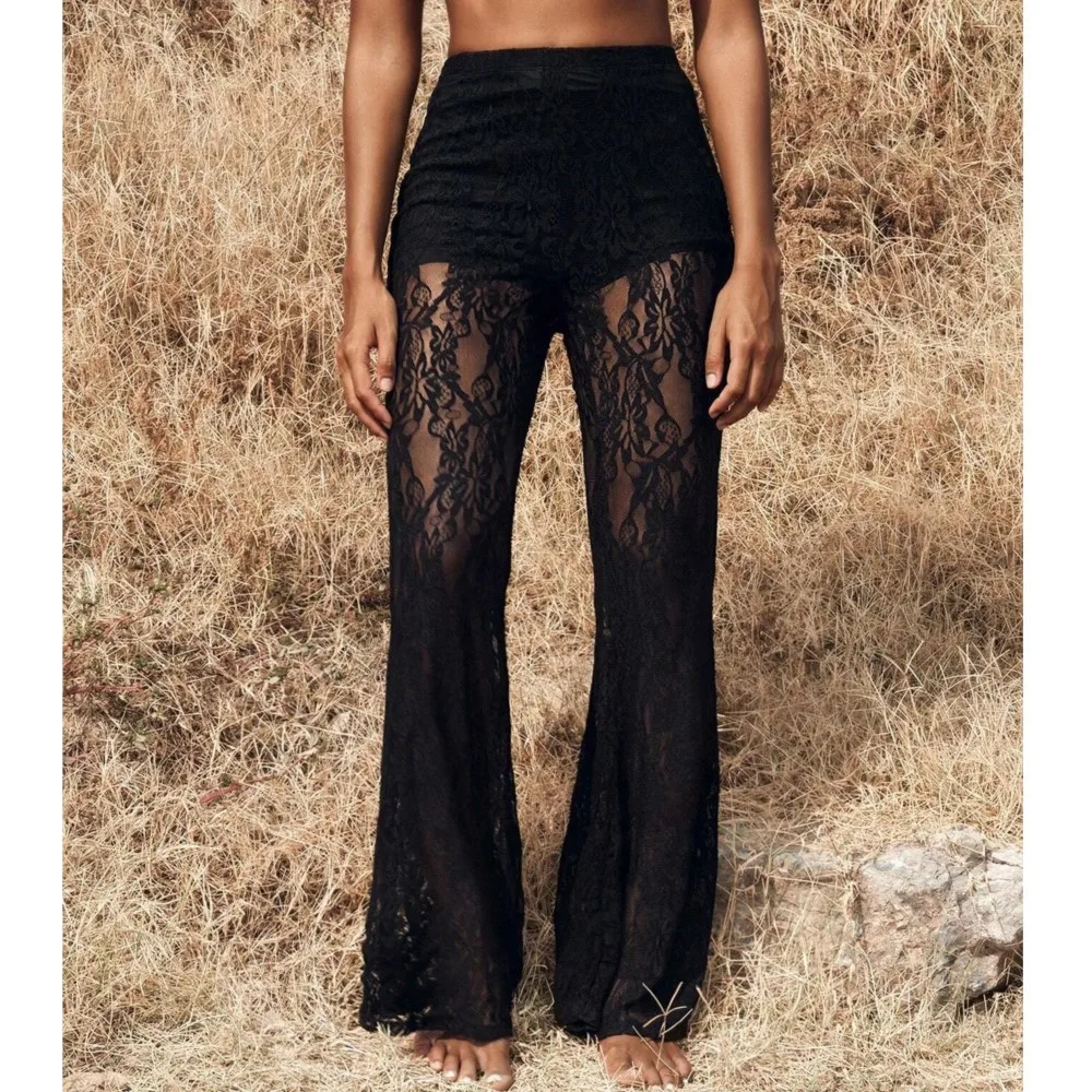 

Women's High Waist Lace Flared Pants Sexy Transparent Hollow Trousers Fashionable Beach Wedding Party Trousers Ropa Mujer