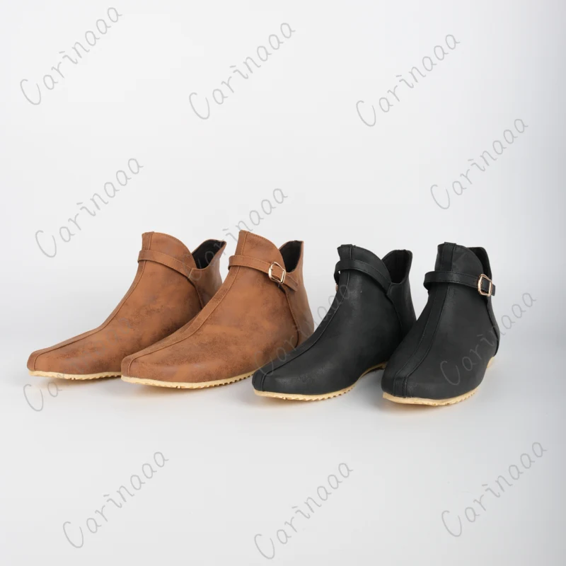 Zapatos de caballero vikingo Medieval renacentista para hombre, botas de cuero con hebilla marrón Vintage, zapatos planos cortos, disfraz de pirata de Cosplay