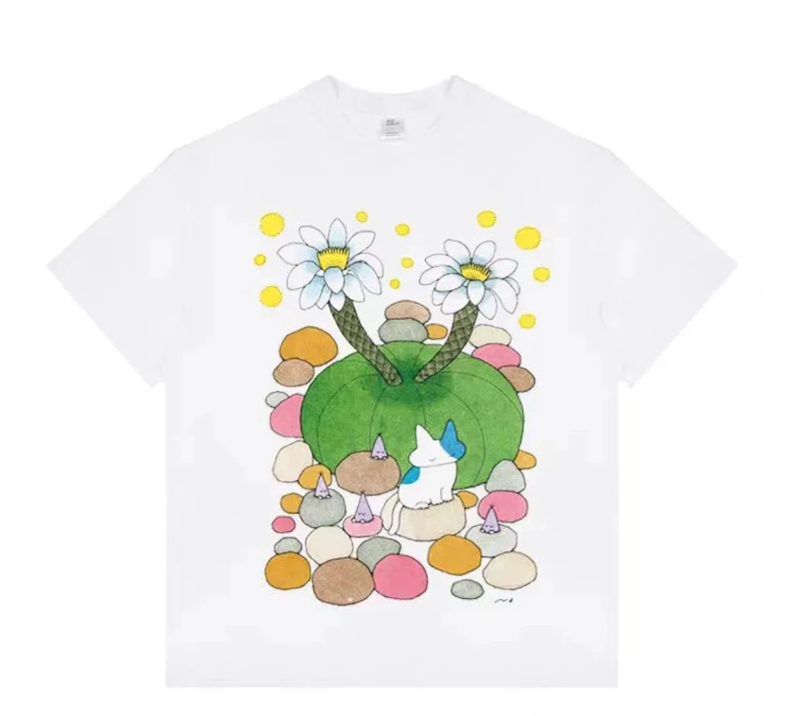 

Осенняя мужская и женская футболка из чистого хлопка с графическим принтом кактуса и коротким рукавом, уличная модная трендовая одежда, винтажная одежда