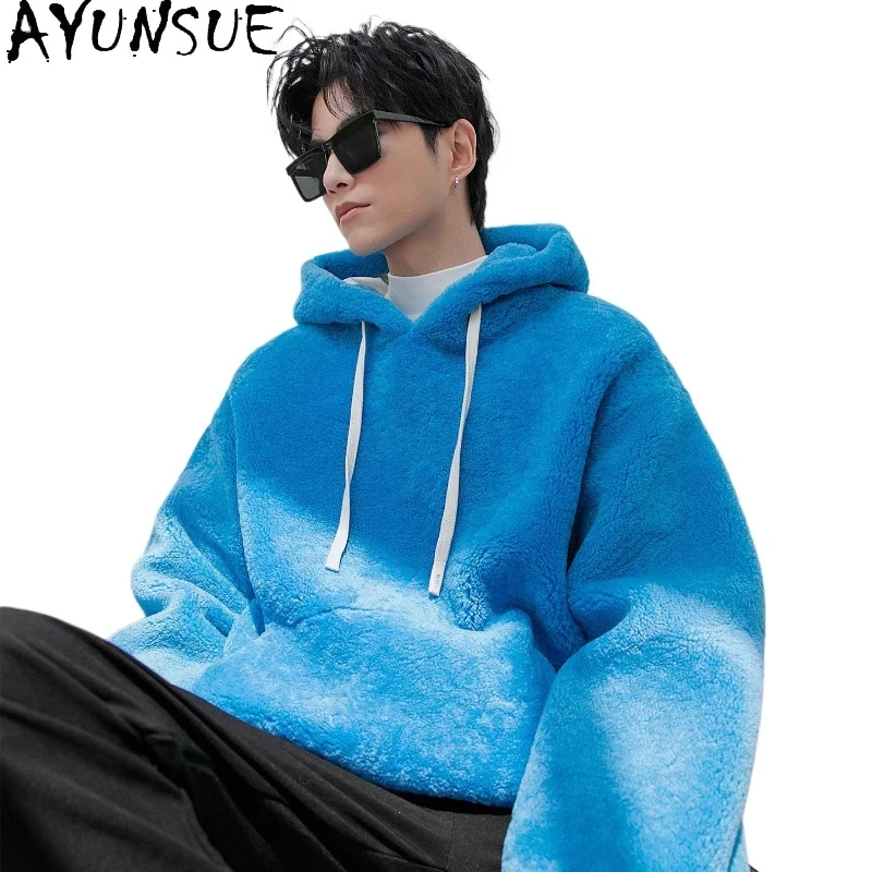 

AYUNSUE Real Lamb Fur Natural Fur Coat Man Autumn Winter Luxury Hoodies Trend Blue Genuine Leather Jacket Men Abrigo Piel Hombre