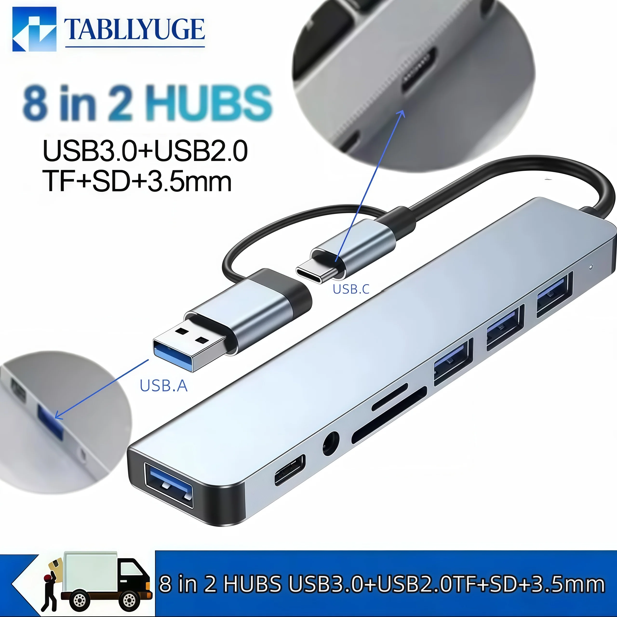 5/7/8 in 2 USB-C Hub with 3.0 SD/TF Card Reader Multi-Port AdapterFor Laptop Tablet PhoneType-C Docking Station for Office Work