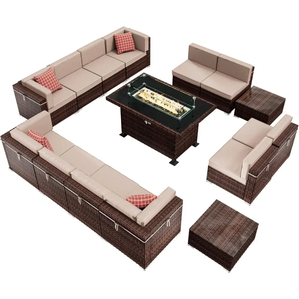 

Outdoor Patio Furniture Set with Gas Fire Pit Table, 15 Pieces Patio PE Wicker Pit Sectional Sofa