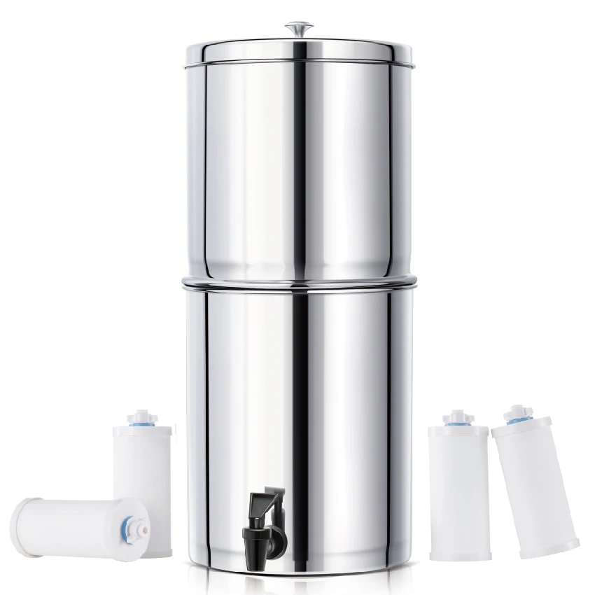 Table Top 304 Stainless Steel Gravity Water Filter System for Home Kitchen 2.25 Gal Removes 99.99% of Bacteria No Boil Required