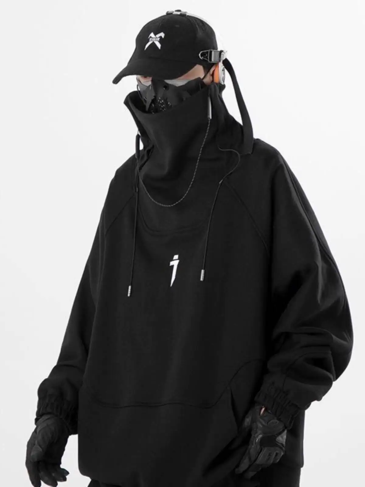 Autumn Winter 300lbs Plus Size Men's Street Dance Hip Hop Turtleneck Techwear Hoodie   Long Sleeve Loose Stand Collar
