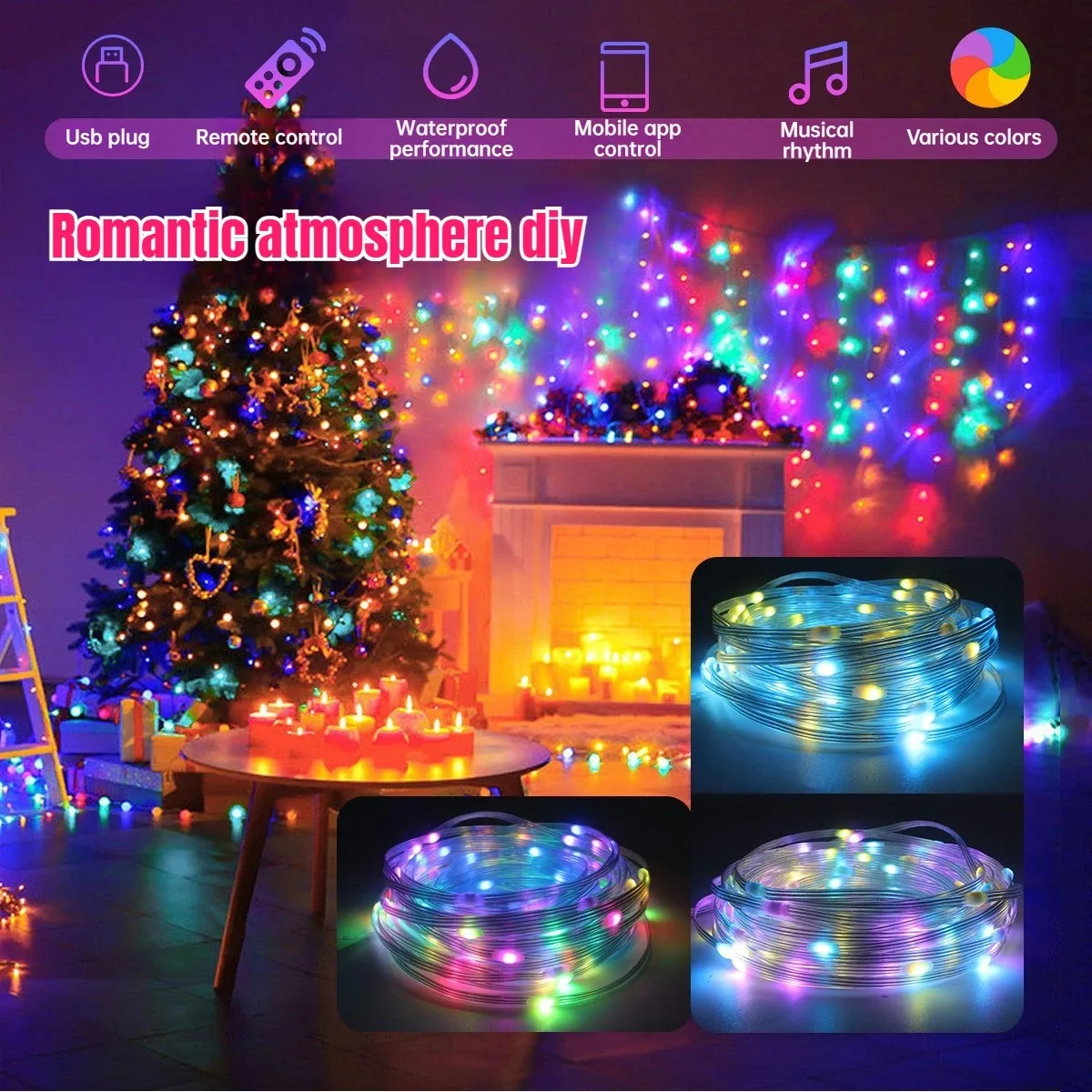 Smart APP USB Christmas Ambient Curtain Lights LED Fairy String Lamp for Birthday Xmas Tree Bedroom Party Ornament