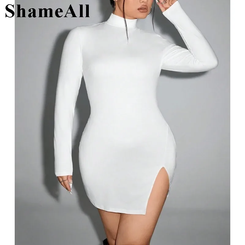 Feminino plus size cor sólida manga longa simples cabido vestido curto gola alta cor sólida sexy recorte volta saia