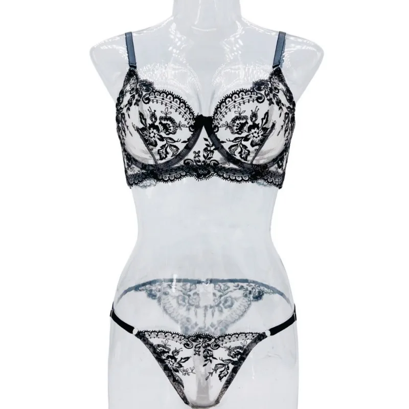 Lingerie sexy conjunto com bordado de flores, perspectiva malha, confortável, simples e generoso, traje sexy, venda quente