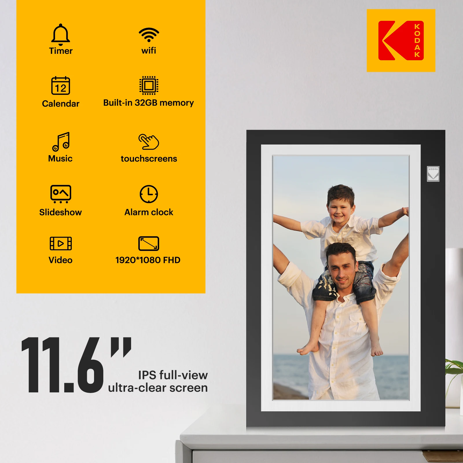 【1 rok gwarancji】Kodak 11,6-calowa cyfrowa ramka na zdjęcia WiFi, ekran dotykowy 1366*768 HD IPS z pamięcią 32 GB, natychmiastowe zdjęcie