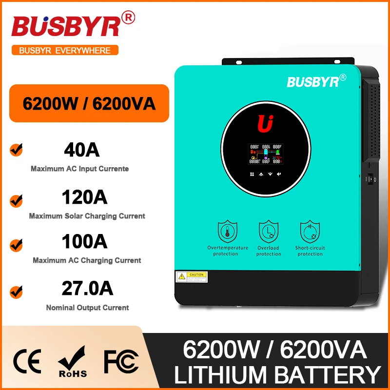 

BUSBYR 6200W Solar Hybrid Inverter 48V 230Vac Built-in 120A MPPT Charge Controller 6.2KW Pure Sine Wave Hybrid Solar Inverter