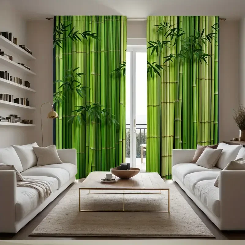 Bamboo Leaf Pattern Curtains for Kitchen Window Home Decor Green Tropical Style Curtain Panels