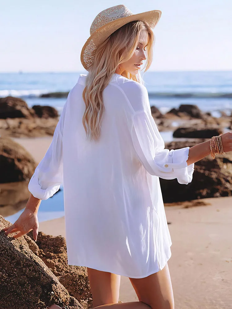 2023 New Beach Outing Cover Up Tunic Dress Bohemian Chiffon White Bikini Pareo Shirt Women Swimsuit Kimono Beachwear Cardigan