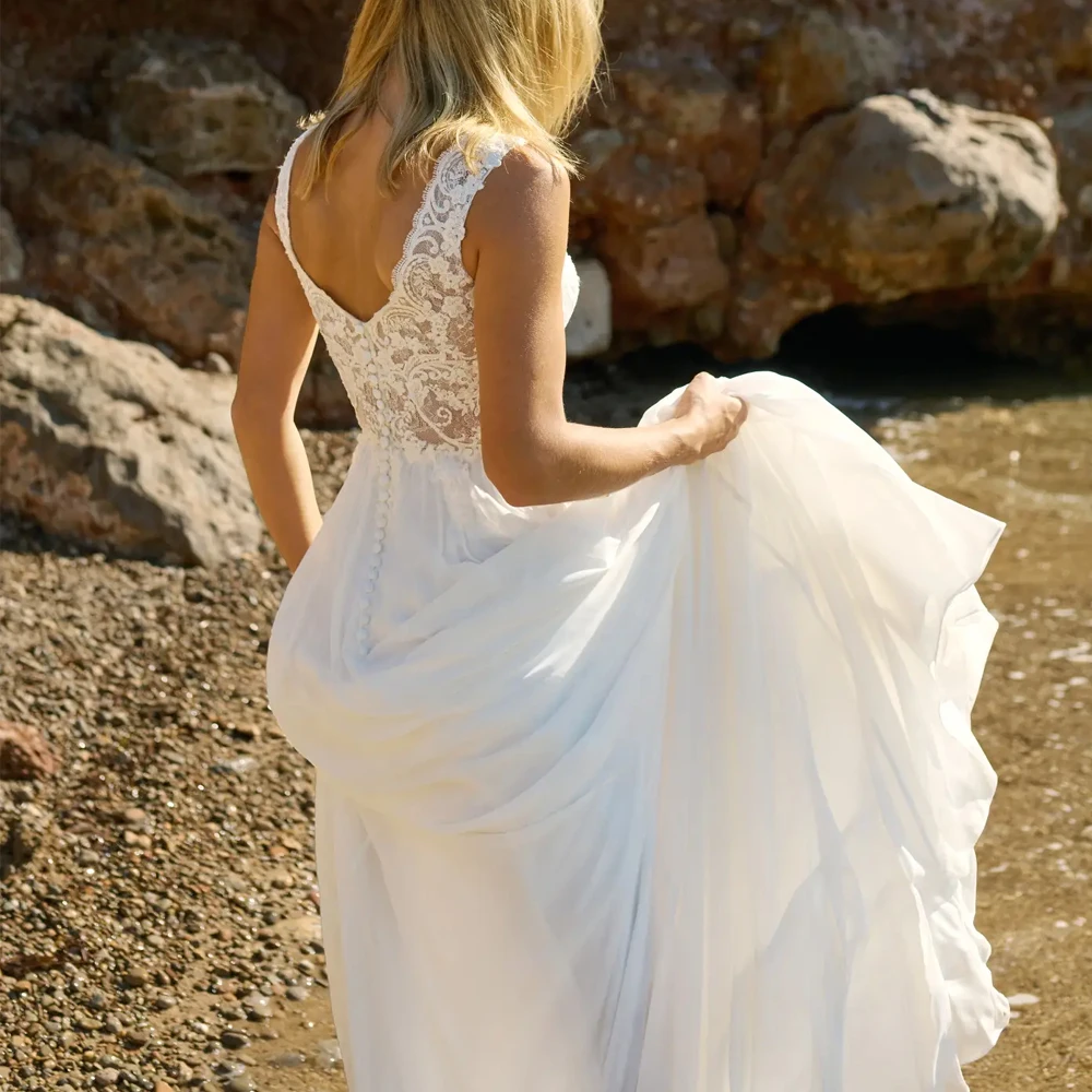 Abiti da sposa sexy con scollo a O Senza maniche da sposa Growns Abiti da sera lunghi fino al pavimento V sul retro Bottone personalizzato in pizzo сassenдебное пла coiе