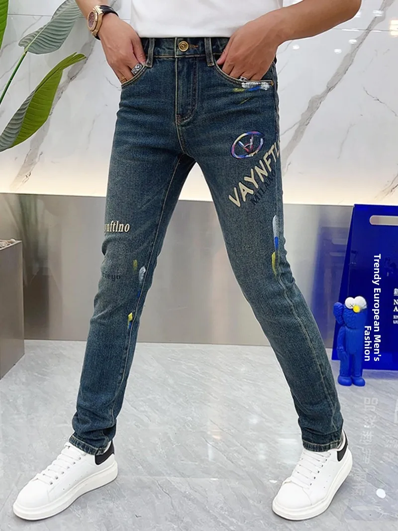 

Fashionable Men's Slim Fit Jeans Autumn Trendy Brand Painted Letter Print Casual Handsome Long Pants Straight Leg Zipper Fly