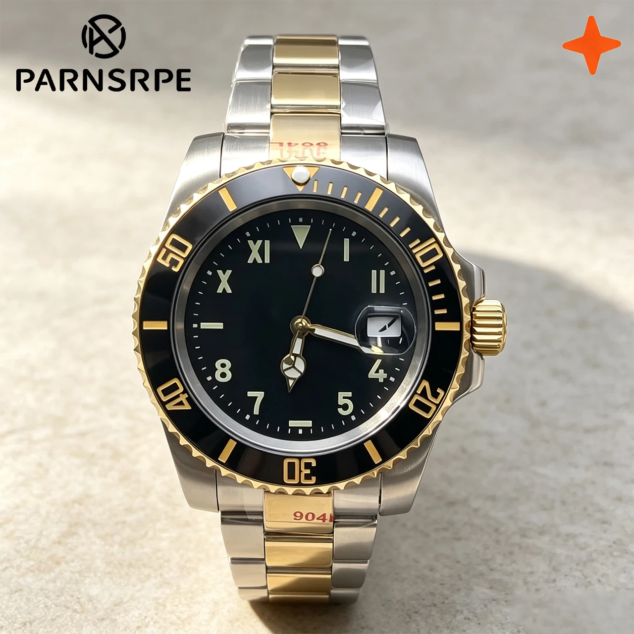 40mm Two-Tone NH35 Men's Watch, Sapphire Crystal Luminous Screw-down Crown Date Window 20mm Steel Bracelet, Luxury Business