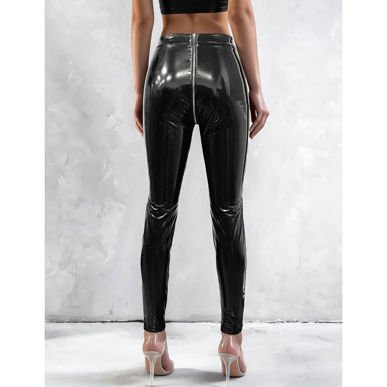 Damen Skinny-Leggings aus schwarzem Spiegelleder mit hoher Taille und Reißverschluss vorne, sexy, figurbetont, Clubwear, Party-Nachthose, glänzend, schick, heiß – Detail 1